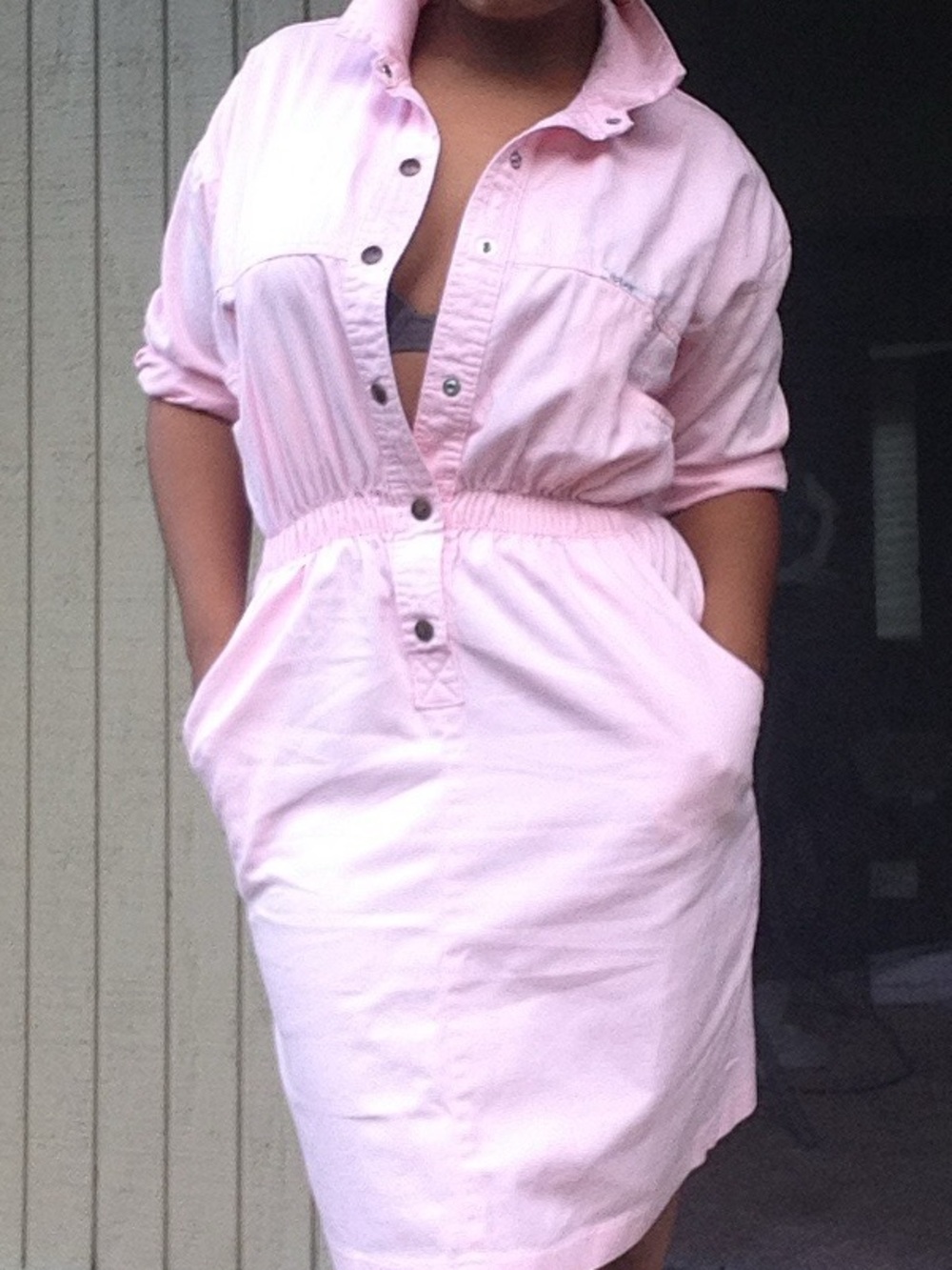 Vintage Casual Pink Cotton Shirt Dress with Elastic Waist